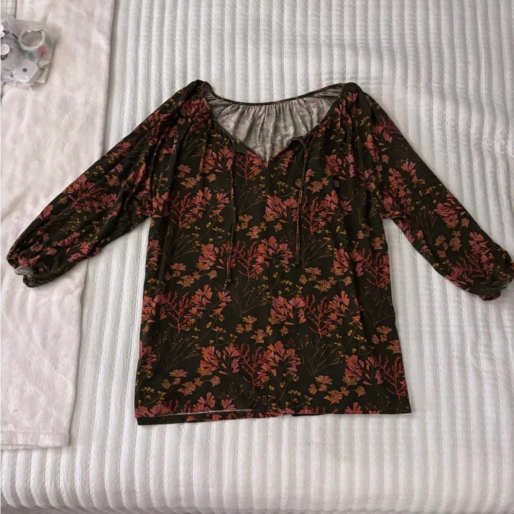 Garnet Hill Floral Print 3/4 Sleeve Peasant Blouse